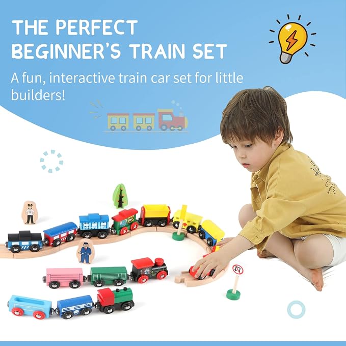 31 PCS Wooden Train Cars - Magnetic Train Set Includes 15 Cars, 10 Bonus Connectors & Storage Bag, Wooden Train Set Toy Train for Kids Toddlers, Compatible with Major Brands Train Tracks Set