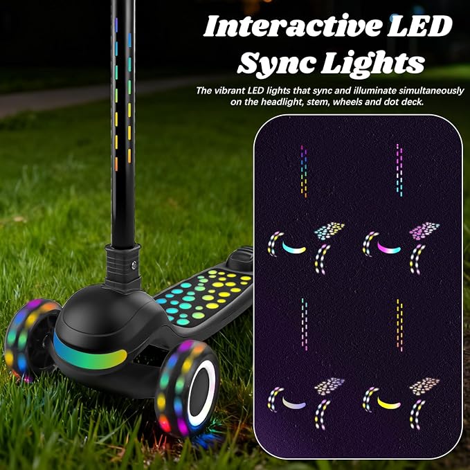 Light Up 3 Wheel Kick Scooter for Kids Toddlers with LED Sync Lights, Flashing Stem & Wide Polka Dot Deck Adjustable Height Music Function Safe Sturdy Folding Scooter for Kids
