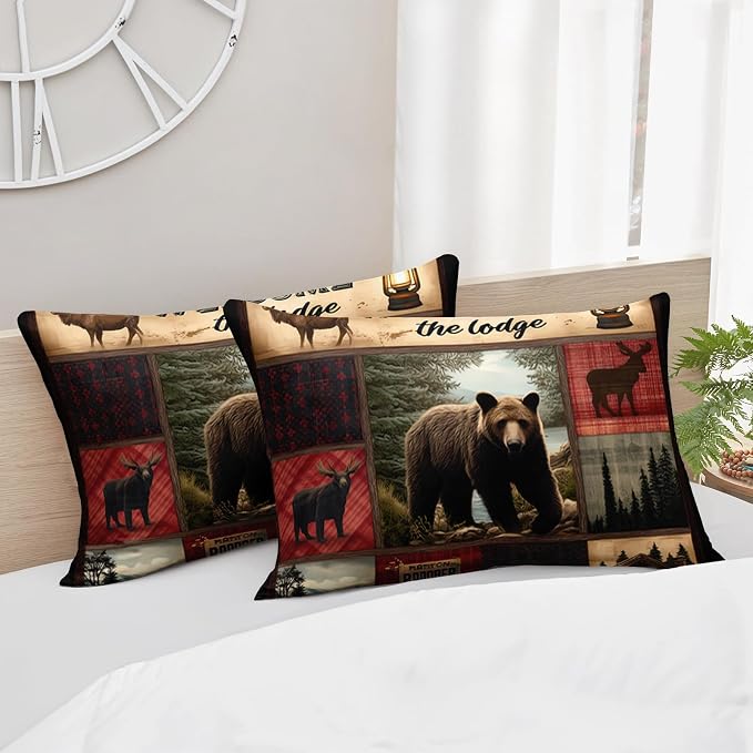 AILONEN Rustic Bear Comforter Set Queen Size,Cabin Plaid Bear & Deer Hunting Bedding Set 3 Pieces,Wildlife Woodland Themed Duvet with 2 Pillowcases