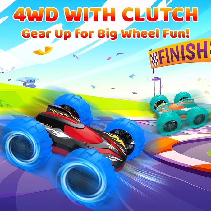 2 Pack Car Toys for 3 4 5 Years Old Boys, Sturdy Friction Powered Monster Truck Toys, Double-Side Stunt Vehicles, Push and Go Cars, Sand Toy, Easter Christmas Birthday Gift for Boys Girls Kids Toddler
