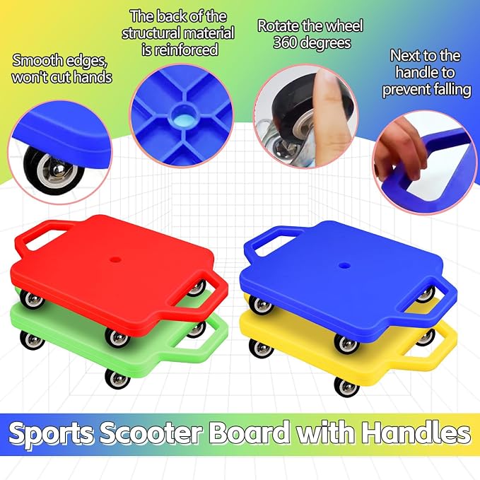 4 Pcs Sports Scooter Board with Handles for Kids Non-Marring Plastic Casters Floor Scooter Board Sitting Scooter Board Boy Girl Gym Indoor Outdoor Activities Play Equipment
