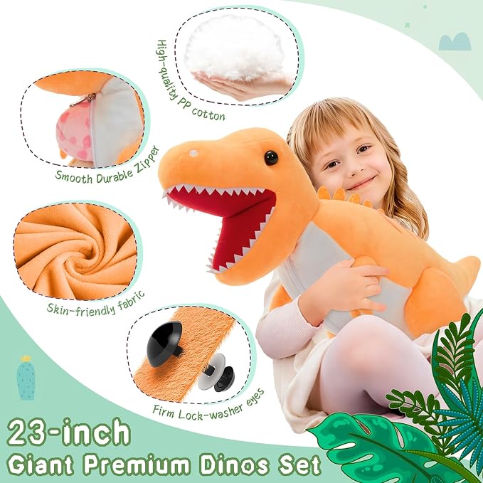 MorisMos Dinosaur Stuffed Animal with Babies,23.6'' Big Mommy Stuffed Dino T Rex with 3 Baby Dino Stuffed Toys & 3 Eggs Plush Inside Belly, Boy Girl Dinosaur Toys for Kid 3-5,Orange T Rex Toys Gift