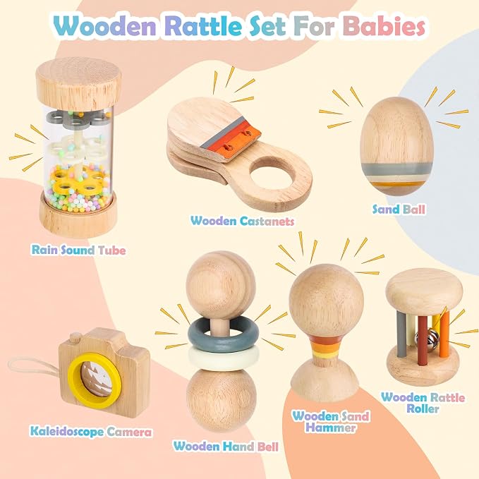 Montessori Wooden Baby Toys 7-in-1 Sensory Set for Babies 0–12 Months, Rain Sound Tube & Rattle Roller, Sensory Musical Gift for Baby Boys and Girls with Storage Bag