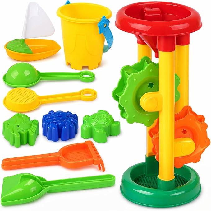 Liberty Imports Double Sand & Water Wheel Tower Beach Toy Set w/Built-in Funnel, Sieve, Bucket, Shovel, Rake, Animal Molds for Kids, Toddlers Play