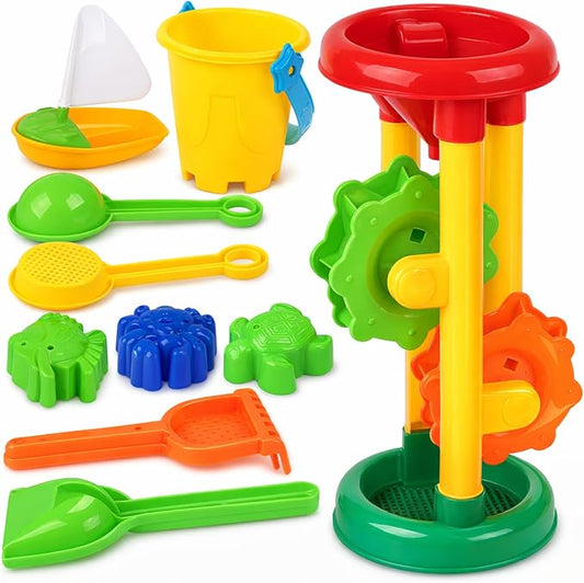 Liberty Imports Double Sand & Water Wheel Tower Beach Toy Set w/Built-in Funnel, Sieve, Bucket, Shovel, Rake, Animal Molds for Kids, Toddlers Play
