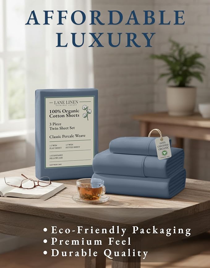 LANE LINEN Twin Sheet Set 100% Organic Cotton 3pc Percale - Estate Blue | GOTS Certified Organic Cotton Percale Twin Sheet Set - Soft From The First Wash, Crisp Cool Percale Weave, Great For Gifting