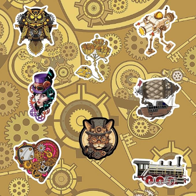 QTL Steampunk Stickers for Adults Teens, Steampunk Party Supplies, Waterproof Vinyl Stickers for Water Bottles and Laptop, 75PCS