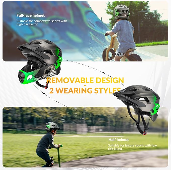 ROCKBROS Kids Full Face Helmet Kids Bike Helmets Lightweight Toddler Mountain Bike Helmet Detachable for MTB BMX Skating Cycling Scooter Safety Bicycle Helmets for Youth Child Boys Girls Ages 3-16