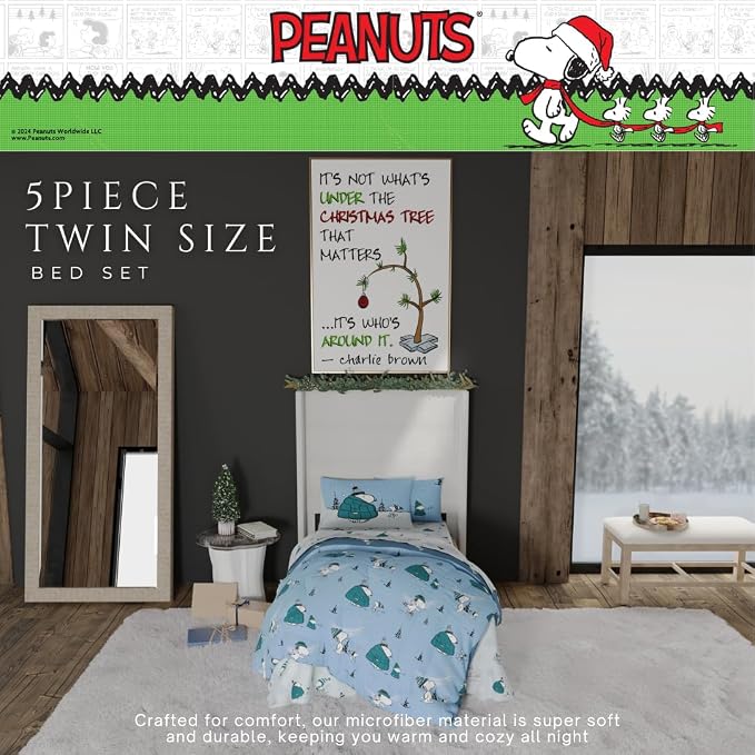 Collectibles Peanuts Snoopy Puffer Coat Holiday & Christmas Bedding Soft Comforter and Sheet Set with Sham, 5 Piece Twin Size, (Officially Licensed Product) By Franco