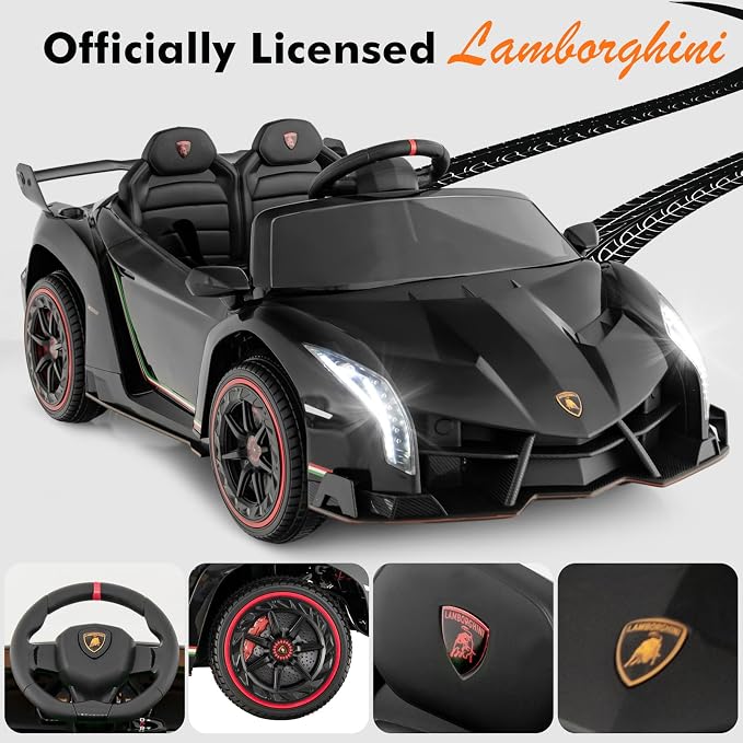 INFANS 2 Seater Kids Ride on Car, 12V 4WD Licensed Lamborghini Veneno Powered Electric Vehicle with Hydraulic Doors, Rocking Mode, Adjustable Speeds, Remote Control, MP3, Headlight (Black)