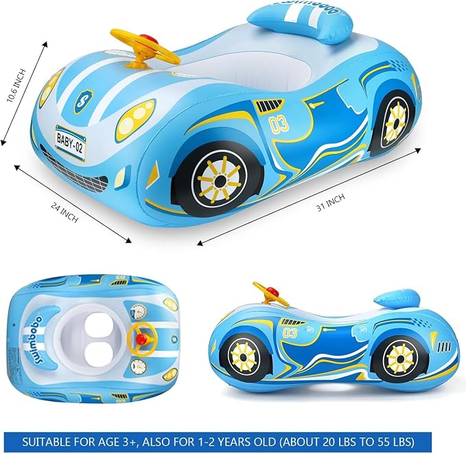 Baby Pool Float Toddler Floaties 3D Car Baby Float for 12-48 Months Inflatable Heavy Duty 0.35mm PVC Seat Boat Pool Toys Float No Flip Swimming Floaties for Boys&Girls1-5 Years