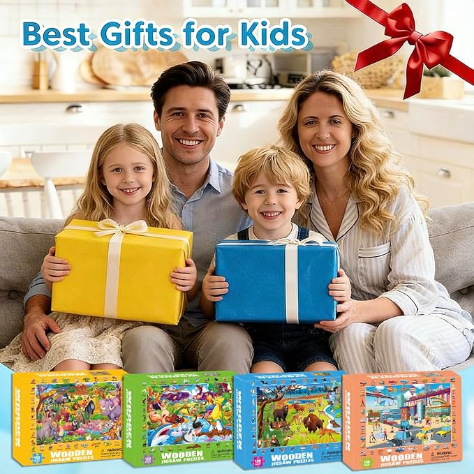 100 Piece Puzzles for Kids Ages 4-6 8-10, Safe Educational Jigsaw Puzzles Wildlife, Jungle, Fantasy & City Life, Fun Learning Toys Gifts for Boys Girls 4-Pack
