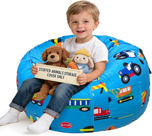 Lukeight Construction Stuffed Animals Storage Bean Bag Chair Cover for Kids, Cozy Velvet Plush Toy Organizer Seat, Cover Only, No Filling Included, Long YKK Zipper, Side Pocket, Large 27 x 16 in