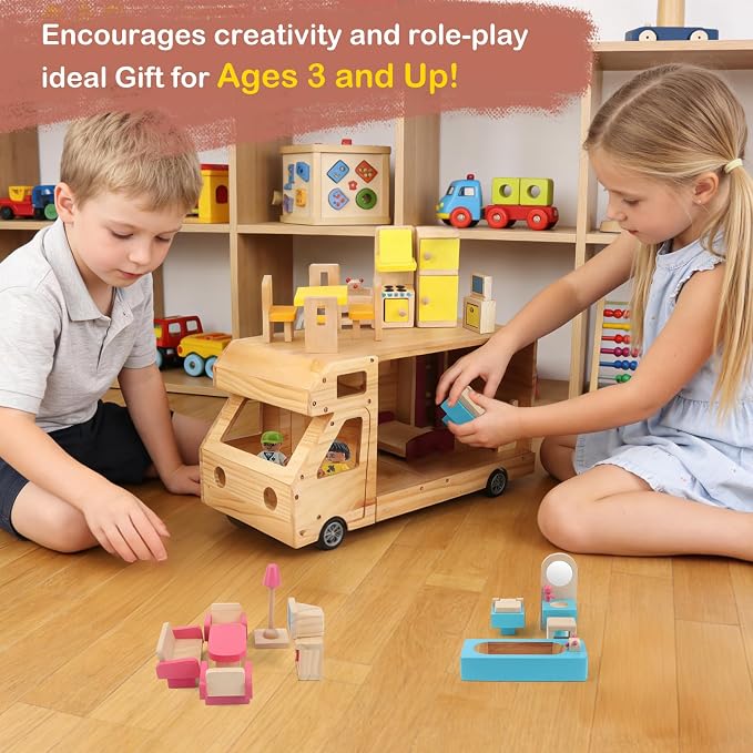 RV Camper Dollhouse for Kids, Wooden Rolling Motorhome with Full Furniture Set, Travel Doll House Toy with Miniature Rooms for Boys & Girls, Pretend Play Adventure Home
