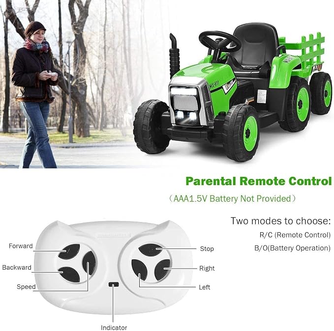 Costzon Ride on Tractor with Detachable Trailer, Kids' Electric Vehicles w/3-Gear-Shift Ground Loader, Wireless Design & USB, 7 LED Headlights, Remote Control Tractor Toy for Kids 3+ (12V, Green)
