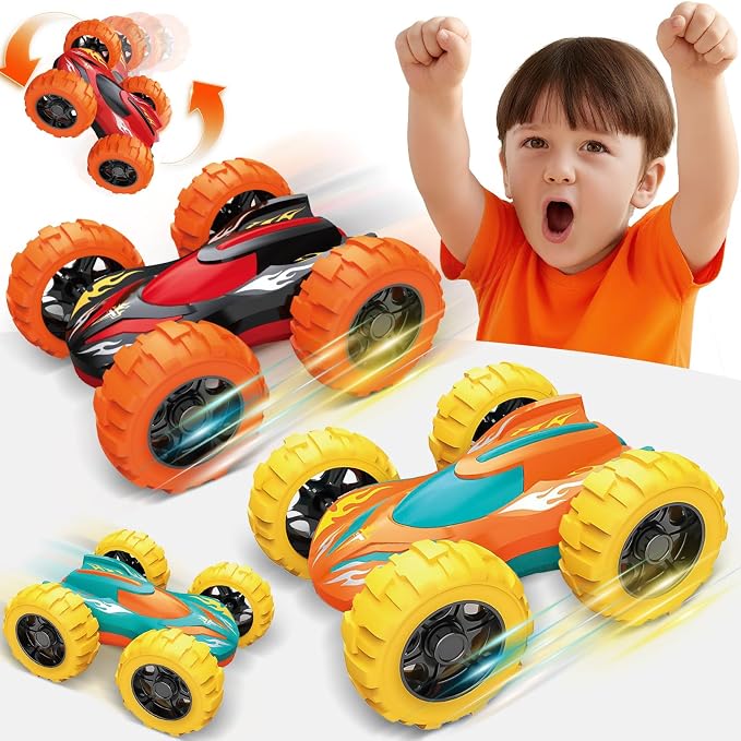 Car Toys for Ages 3-5 Boys, Push and Go Monster Truck Toys for 3 4 5 Year Old Kids, Double-Sided 360° Flip Stunt Car Baby Toy, Sturdy 4WD Cars Toddler Boy Toy, Easter Birthday Gifts for Boys Girls