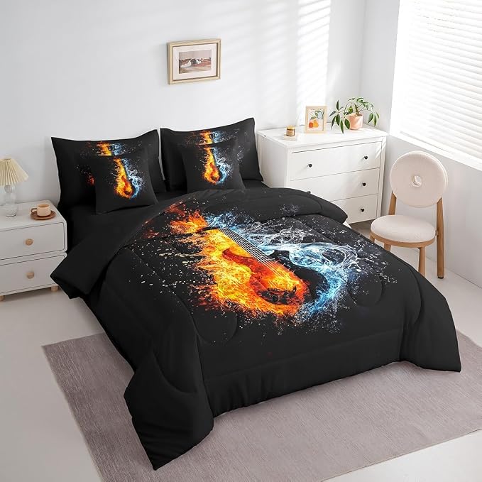Feelyou Guitar Comforter Set with Sheets Full Size Rock Music Bed in a Bag for Boys Girls Teens Dull Black 7 Pieces Bedding Set Soft Lightweight Microfiber