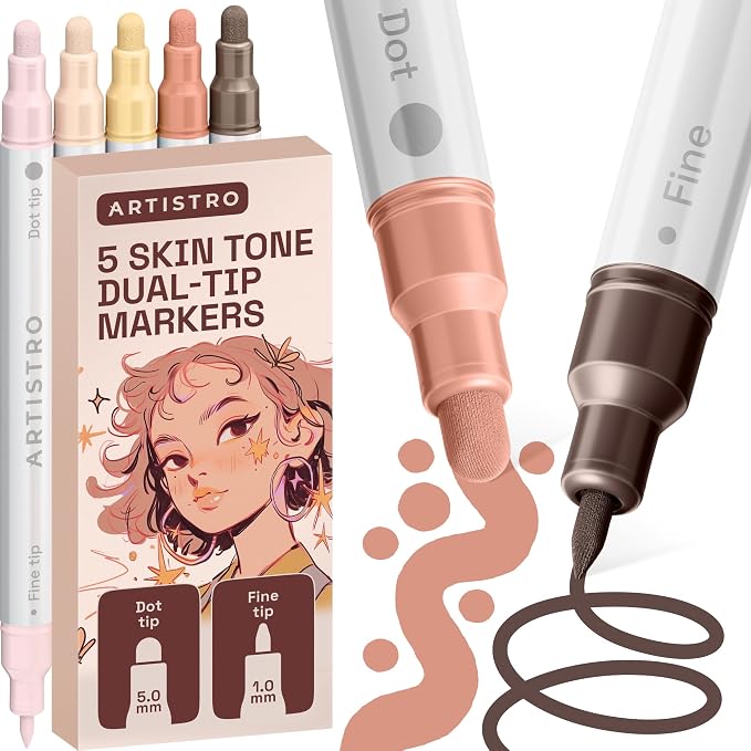 ARTISTRO 5 Skin Tones Dual-Tip Acrylic Paint Markers – Paint Pens Set with Dot & Fine Tips for Fabric, Rock, Glass, Wood, Coloring Books – Arts & Crafts Gift – Classroom Must Haves & School Supplies