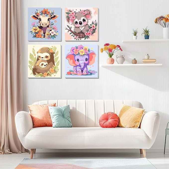 4 Pack Paint by Numbers Kit for Kids Paints by Number Kits Age 4-8 Painting Kits for Kids Ages 8-12 Girls Framed Canvas Paint by Number Animals Drawing Kit Color by Number for Beginners 8x8 Inch