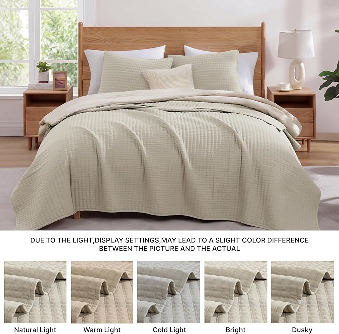 WRENSONGE Queen Quilt-3 Pieces Neutral Lightweight Bedspreads Light Oatmeal Queen Size Quilt Bedding Set for All Seasons, Soft Summer Coverlet with 2 Pillow Shams Suitable for Bed & Couch