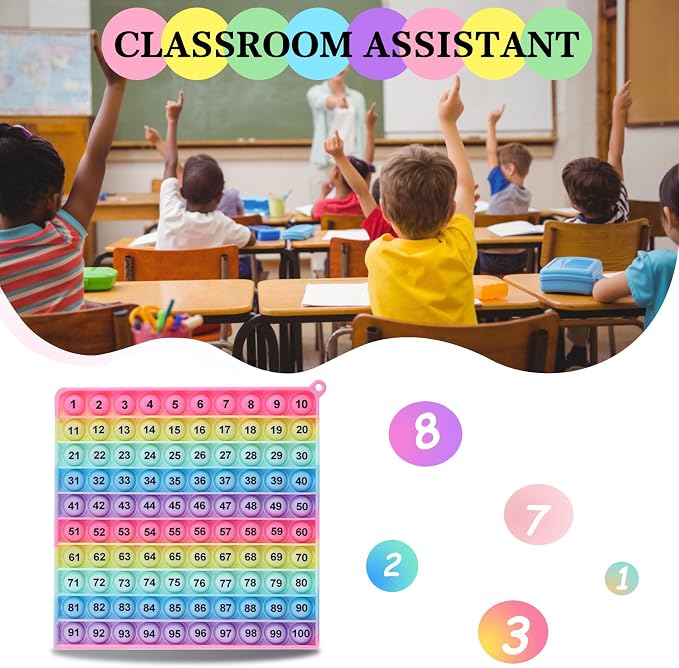 Math operations1-100 Number Learning Pop Fidget Toy, Rainbow Colors, Large Square Math Educational Sensory Game