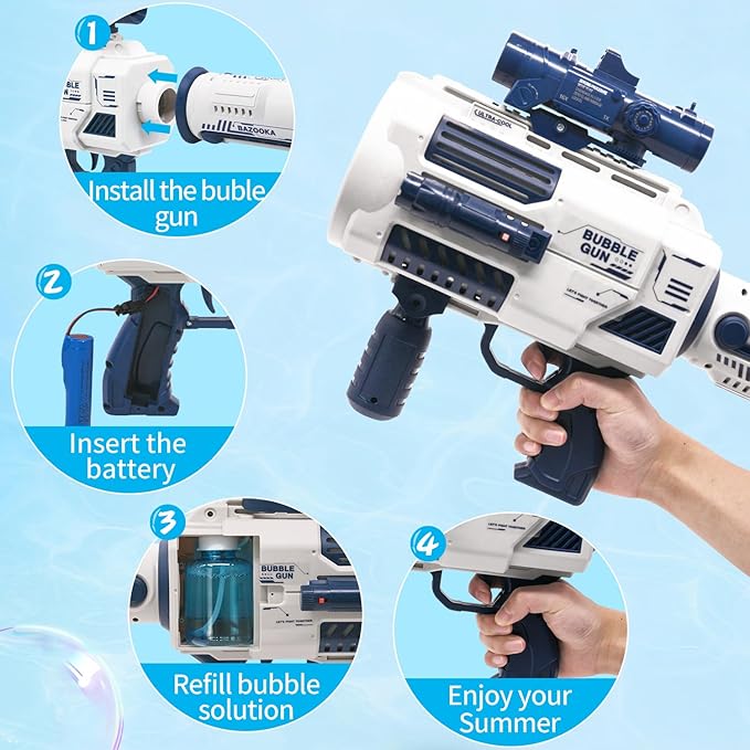 Bubble Guns Automatic with Build-in Bubble Solution (4.4 oz), 3 Fans Drive 6X Lens Bubble Blower Machine, Cool Favors for Summer Ourtdoor Party Birthday Wedding Toy
