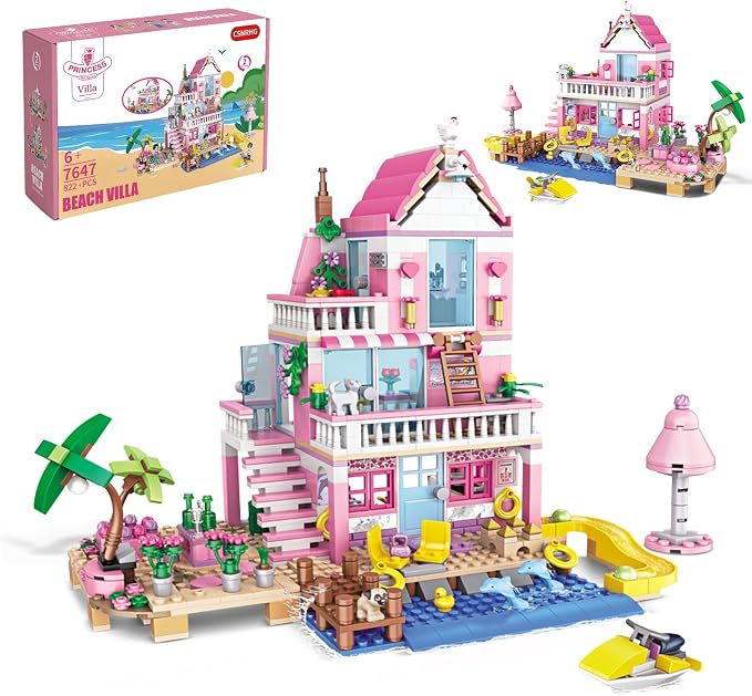 CSNRHG Pink Seaside Beach Villa Friends Building Set Friends Construction Educational Toy 822 Pieces Gifts for Girls Teens Kids Adults Ages 6+