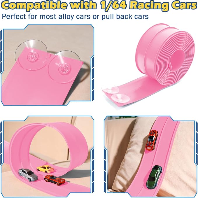 Flexible Race Track for Kids 3+, Flexible Car Track 15Ft Race Track Compatible with Diecast 1/64th Cars, Roll Up Car Ramp Toy with Strong Suction Cups