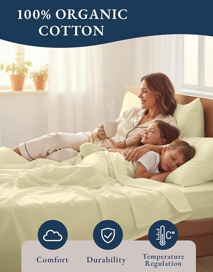 LANE LINEN California King Bed Sheets 100% Organic Cotton Soft - Vanilla | Cal King Sheets In Pure Long-Staple Organic Cotton - Breathable For Year-Round Sleep, Best-Value Organic Cotton