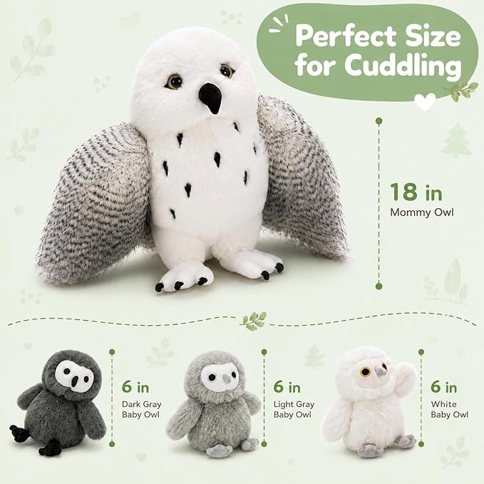 4Pcs Owl Plush Set, Giant Mother Owl Stuffed Animal with 3 Baby Owls Inside, 18" Cute Stuffed Owl for Girls Boys Kids, Soft Owl Plushie Gift for Christmas Birthday Baby Shower, White