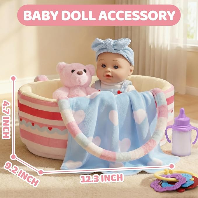 Uzoxlsn 15 Pcs Baby Doll Accessories with 12" Doll, Cotton Carrier Bassinet, Bedding, Feeding & Caring Set, Magic Bottle, Pacifier, Diaper, Blanket, Pretend Play Game Gift for Girls Age 3+ Toddler