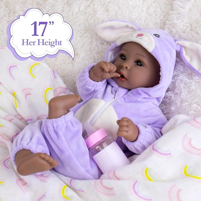 Aori Black Baby Dolls Realistic,17-inch Lifelike Soft Body Baby Girl That Look Real with Feeding Kit Included, Ideal Gift for Kids, Birthday, Pretend Play