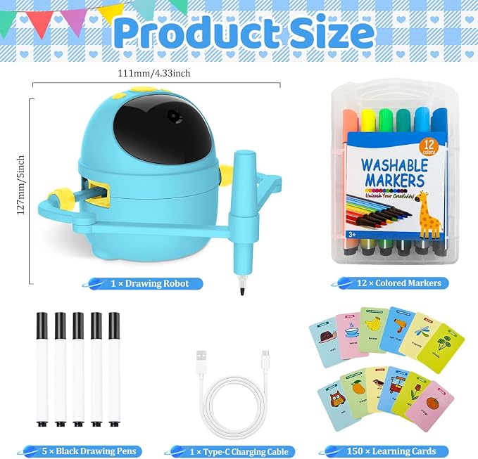 Drawing Robot for Kids with Card-Sensing Camera, 150 Learning Cards and 17 Colored Pens, Smart Painting Art Machine with Voice Guide for Boys Girls, Step-by-Step Auto Drawing for STEM Early Learning