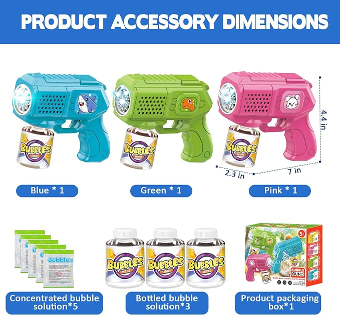 Bubble Guns with Bubble Solution- 3 Pack, Bubbles Gun, Blaster, Blower, Maker, Machine for Boys Girls, Birthday Gifts for Ages 3 4 5 6 7 8 Year Old Kid, Outdoor Toys for Toddlers, Party, Wedding
