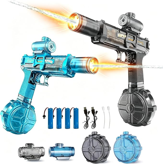 Electric Water Gun for Kids Adults, 2Packs Automatic Squirt Gun with LED Light & Spray Sound, Rechargeable Waterguns with Large Tank, Summer Outdoor Pool Beach Backyard Water Toys Gifts for Boys Girls