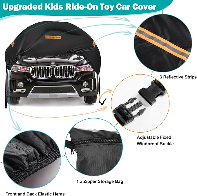 Kids Ride On Car Cover,Large Power Wheels Cover Waterproof,Heavy Duty 420D Universal Toy Car Cover for Power Wheels Jeep & Toddler Electric Vehicles,All Season Protection,with 3 Reflective Strips