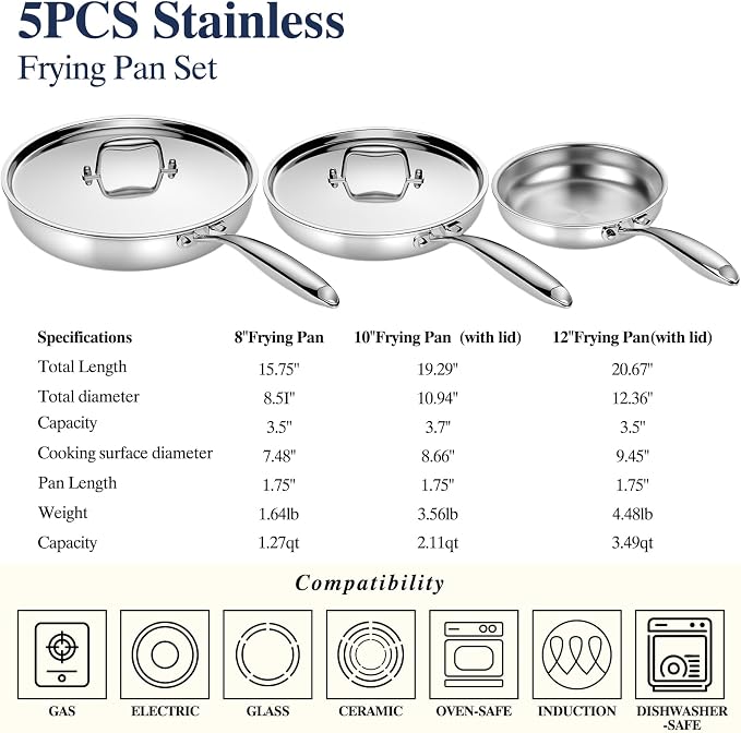 Stainless Steel Frying Pan Set with Lid, Umite Chef 3Pcs Skillet Set (Includes 8",10",12") - 5 Ply Stainless Clad - Heavy Duty & Professional Cookware Set, Fast & Even Heat, Dishwasher and Oven Safe