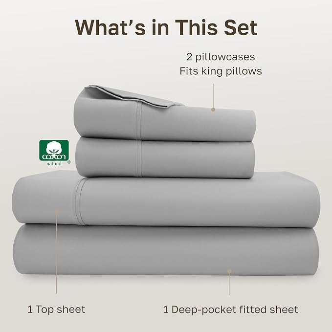 California Design Den Soft 100% Cotton Sheets King Size Set, 400 TC Good Housekeeping Award Winner, Silky Smooth Sateen Weave with Deep Pockets, Breathable and Durable Cotton Bedding Set - Light Grey