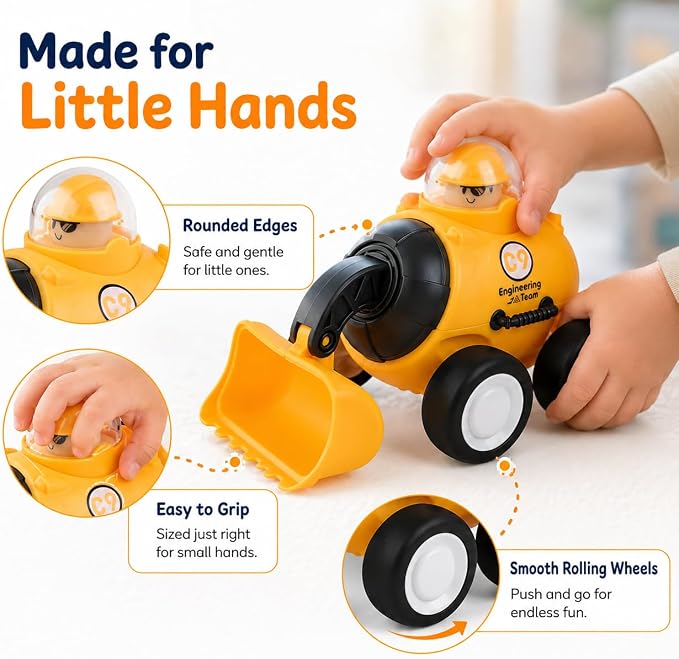 Press and Go Construction Truck Toys, 4 Pack Vehicles for Toddlers | Includes 4 yellow construction vehicles; movable front arm; for sandbox, floor play, and gift moments.