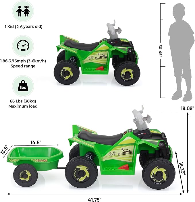 TOBBI 6V Electric Kids Ride On Toy ATV with Trailer, 4 Wheeler Powered Car, Toddler Vehicle to Drive with Music/Battery Volume Display for Children Age 2-6-Green