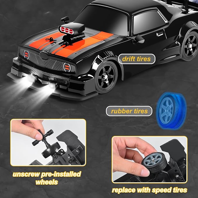 Fistone RC Drift Car 2.4GHz 1:16 Scale 4WD 18KM/H High Speed Remote Control Car with LED Lights, 2 Batteries and Rubber Tire, Racing Sport Toy Vehicle for Adults, Boys, Girls, and Kids