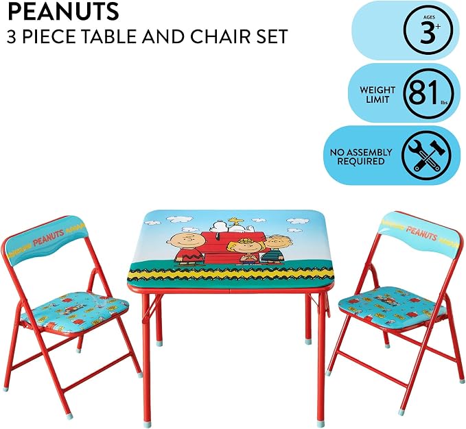 Idea Nuova 3-Piece Furniture Set with 1 Square Table & 2 Folding Chairs for Kids, Peanuts