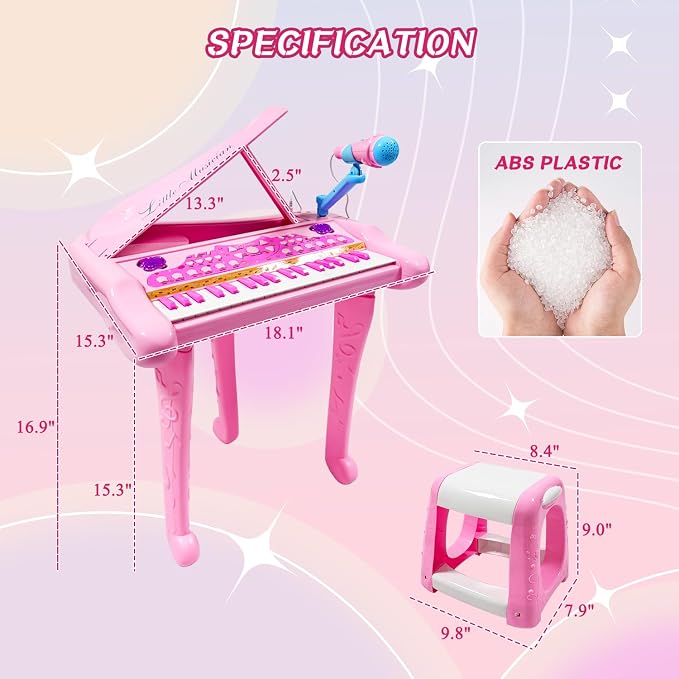 Dollox Keyboard Piano for Kids, 37-Key Toddler Piano Musical Instrument Toy, Electric Keyboard for Girls, 3, 4, 5, 6, 7 Years Old Birthday Gift - Mini Music Toy with Stool (Pink)