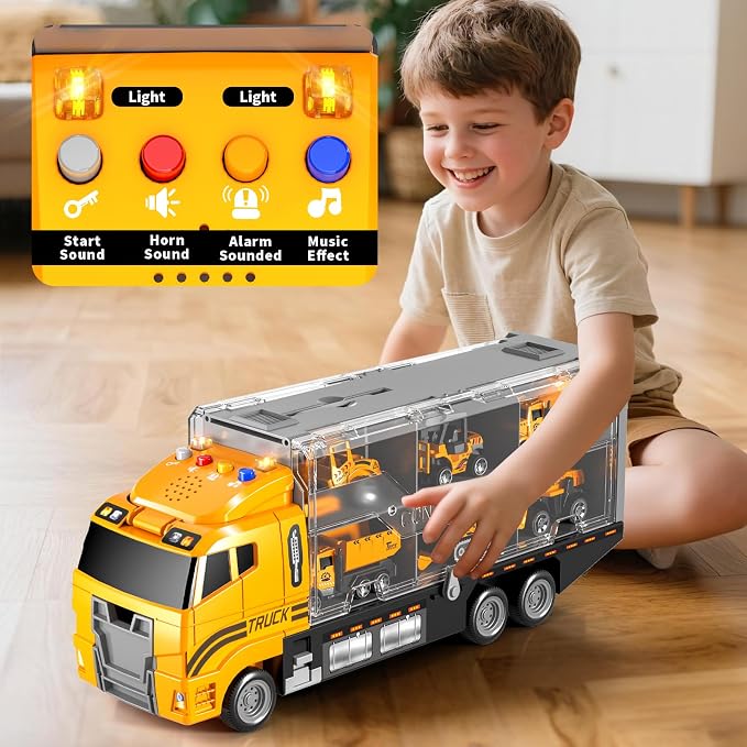 3-5 Year Old Boys Construction Truck Toy Set,6 Die-Cast Mini Toy Cars with Play Mat, Light & Sound Features, Easy Storage,Indoor & Outdoor Play Toys, Birthday Gifts for Boys Girls Kids Ages 3‑8