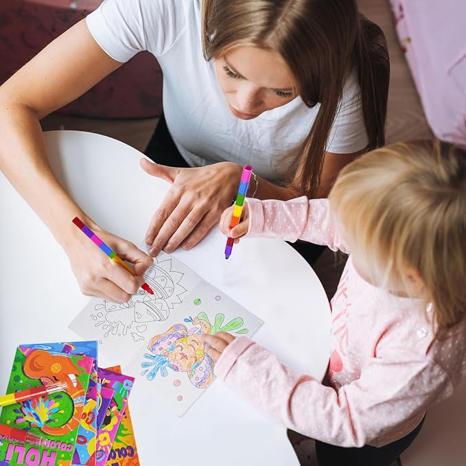 Cinrobiye 24 Set Holi Coloring Books Bulk DIY Mini Happy Holi Art Drawing Set with Stackable Crayons for Festival Party Gifts Goodie Bag Fillers Classroom Activity Rewards
