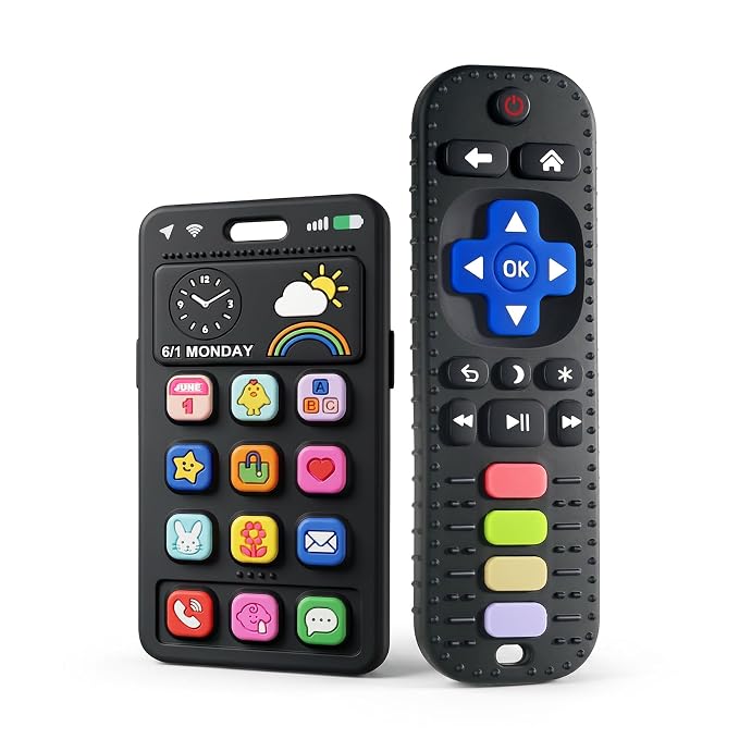 Baby Silicone Remote and Phone Teether, 2pack Teething Toy for Baby 3 6 12 18 Months, Baby's Chew Toys, Food Grade Silicone Teething Toys for Infants, BPA Free, for Babies Gum Relief