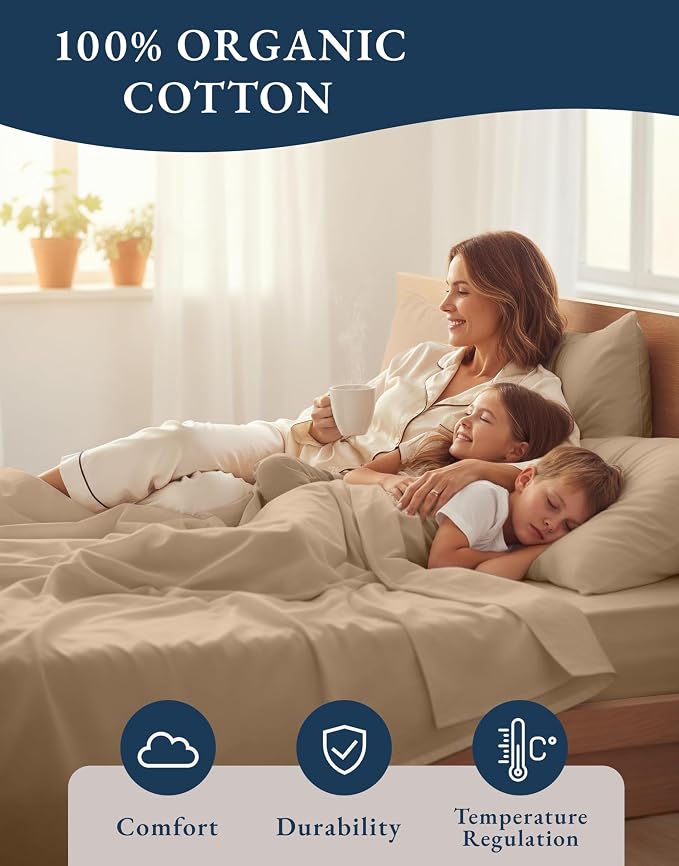 LANE LINEN Cal King Sheet Set 100% Organic Cotton Soft 4pc Percale - Taupe | Cal King Sheets In GOTS Certified Organic Cotton Percale - Crisp Cool Percale Weave, Great For Gifting, For Hot Sleepers