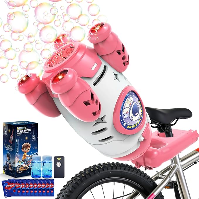 Bubble Gun for Kids, Automatic Rocket Bubble Machine, Handheld & Bicycle Use, Rechargeable Bubble Blower with Solution & LED Light, Summer Outdoor Toy, Gift for Boys Girls Age 3 4 5 6 7 8-12 (Pink)