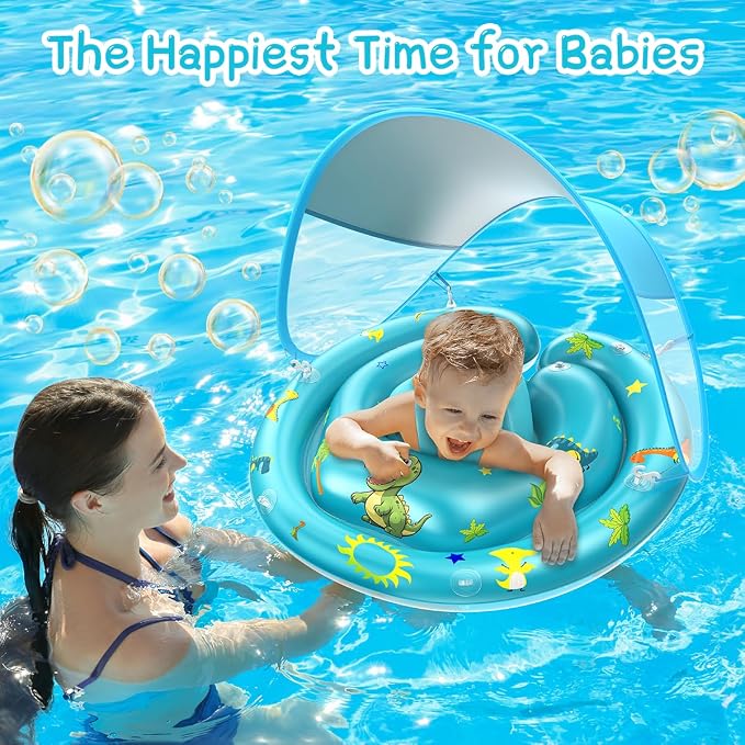 LAYCOL Baby Pool Float with Canopy UPF50+, 120°Adjustable Sun Protection and Anti-Tip Safety Seat, Inflatable Toddler Floaties Infant Pool Float with Animal Pool Toys, Baby Beach Essentials for 6-36M