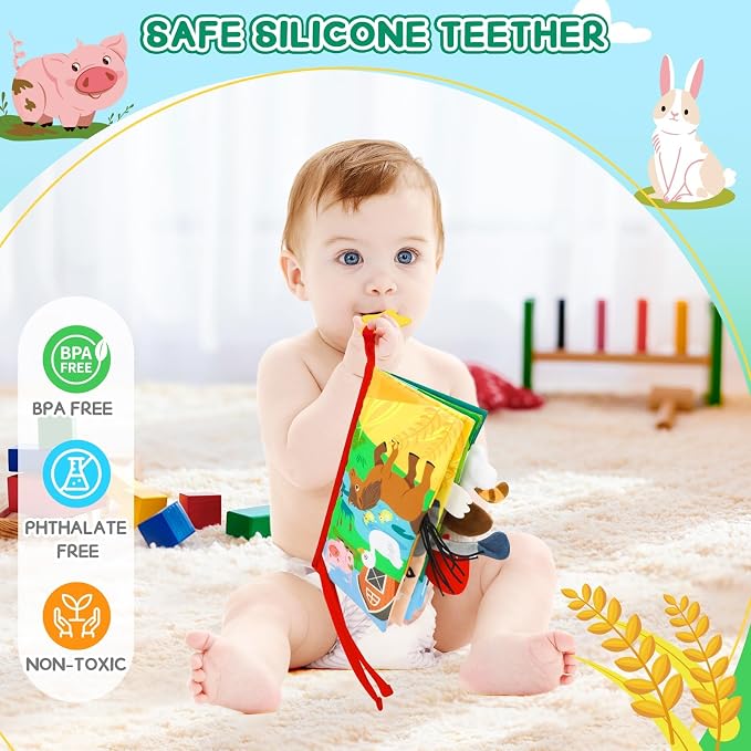 BBWOO Soft Baby Book Toy - Newborn Boy Girl Shower Gift - Tummy Time Toy for Infant 0-6 6-12 Months - Touch and Feel Sensory Crinkle Book with Teether - Baby Boy Girl Gift